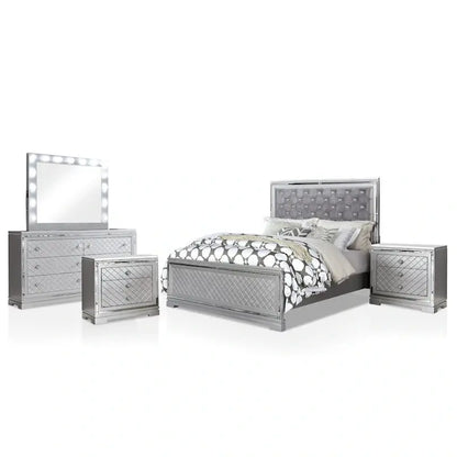 Seleena Glam Tufted Bedroom Set  5-Piece Silver-Wood Panel Collection with USB Charging Ports