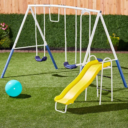 Blue Ridge Backyard Playground Set  Sturdy Metal A-Frame with Covered Chains, Glider, Trapeze, Dual Swings, and Colorful Slide