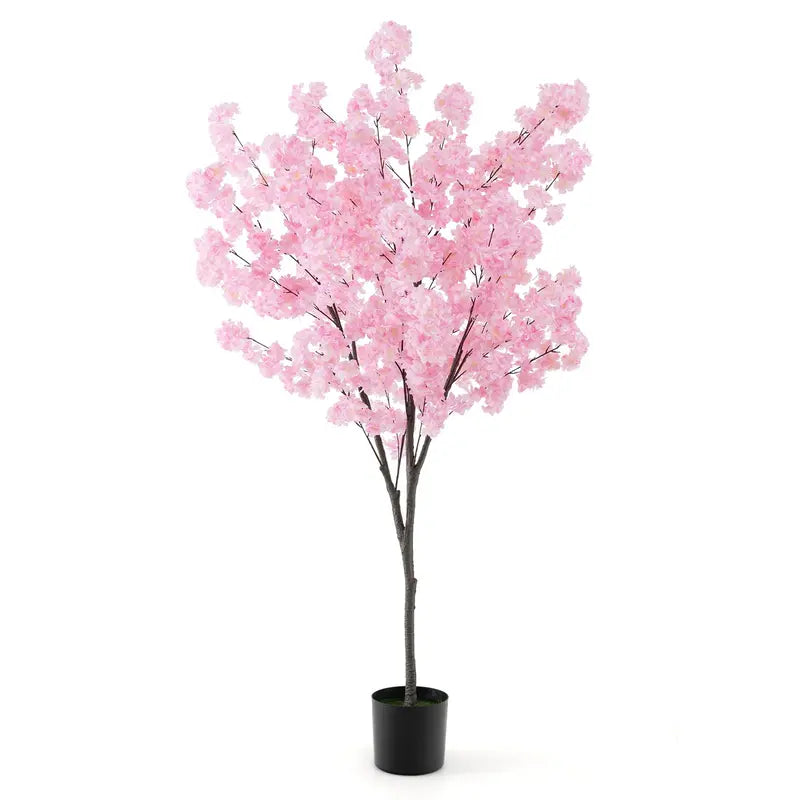 6.5-Foot Artificial Cherry Blossom Tree  Pink Blooming Faux Plant in Cement Planter