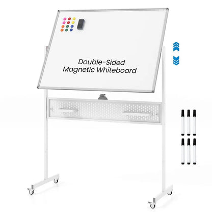 Height-Adjustable Rolling Dry Erase Board  48″ x 36″ Whiteboard with Pegboard, Storage Hooks, Trays & Magnets