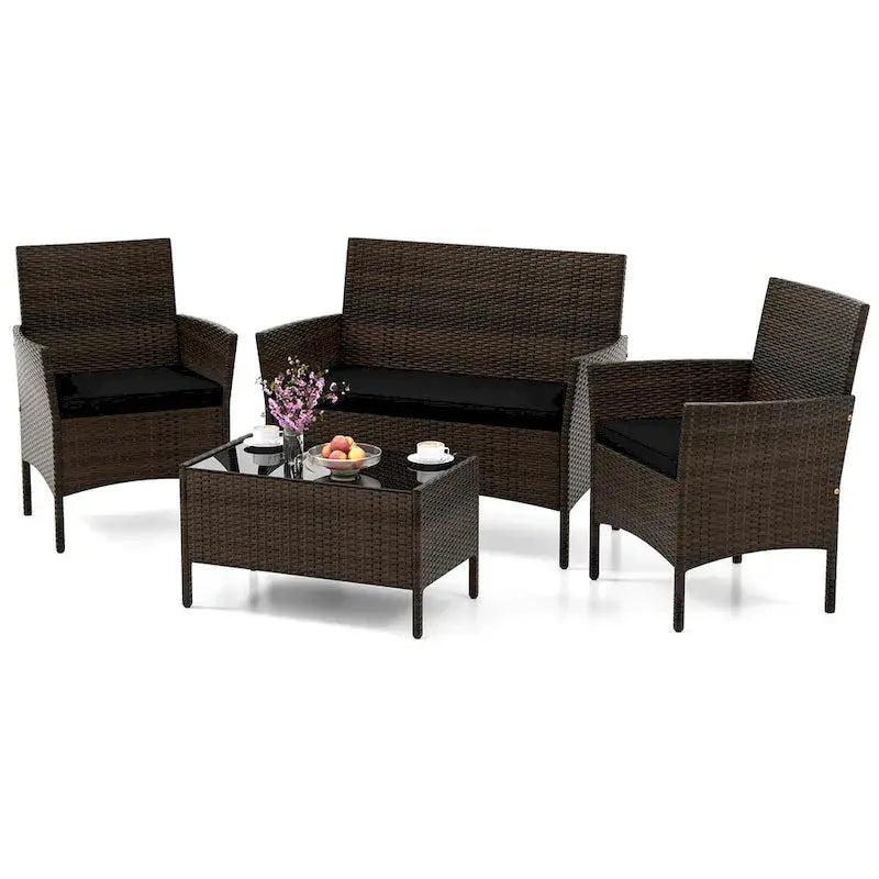 Costway 4-Piece Patio Furniture Set  Tempered Glass Table with Washable Seat Cushions