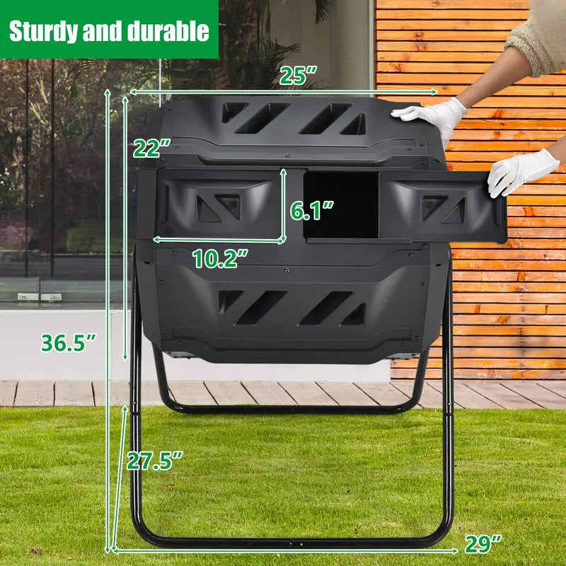 Dual-Bin 43-Gallon Rotating Compost Tumbler with Dual Sliding Access Doors