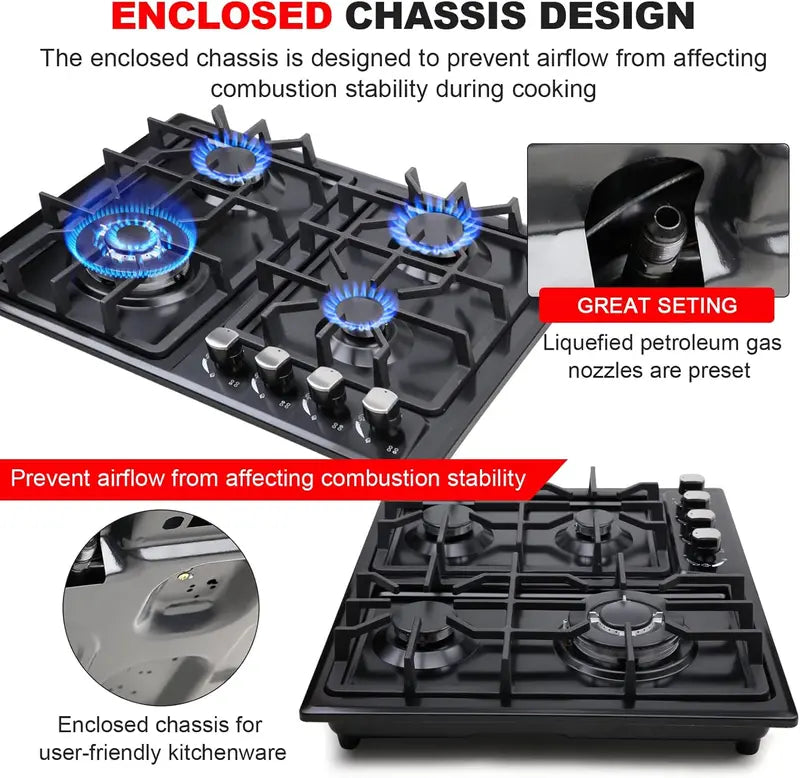 FORIMO 22-Inch Built-In Gas Cooktop  Stainless Steel 4-Burner Stovetop for Seamless Kitchen Integration