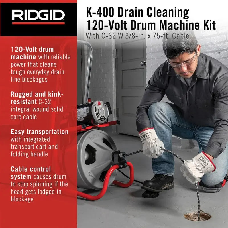 K-400 Drain Auger  120V Electric Snake with 75-Foot Cable, C-32IW Drum Machine & 4-Piece Tool Kit