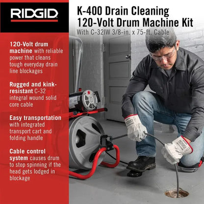 K-400 Drain Auger  120V Electric Snake with 75-Foot Cable, C-32IW Drum Machine & 4-Piece Tool Kit
