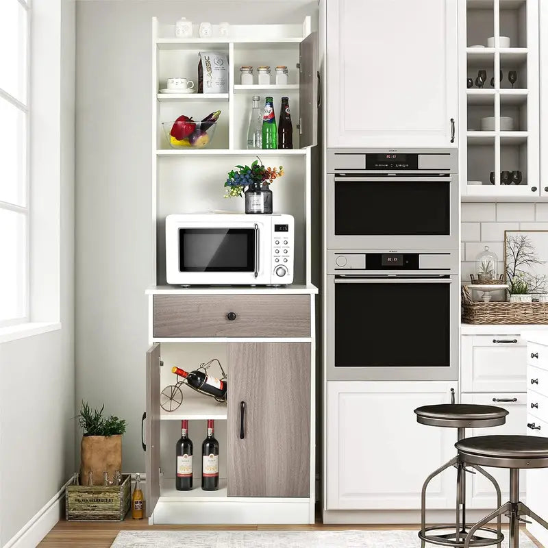 71-Inch White Freestanding Pantry Cabinet with Hutch, Microwave Stand, Adjustable Shelves, and Drawer—Versatile Storage for Kitchens and Dining Rooms