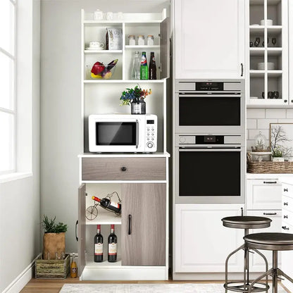 71-Inch White Freestanding Pantry Cabinet with Hutch, Microwave Stand, Adjustable Shelves, and Drawer—Versatile Storage for Kitchens and Dining Rooms