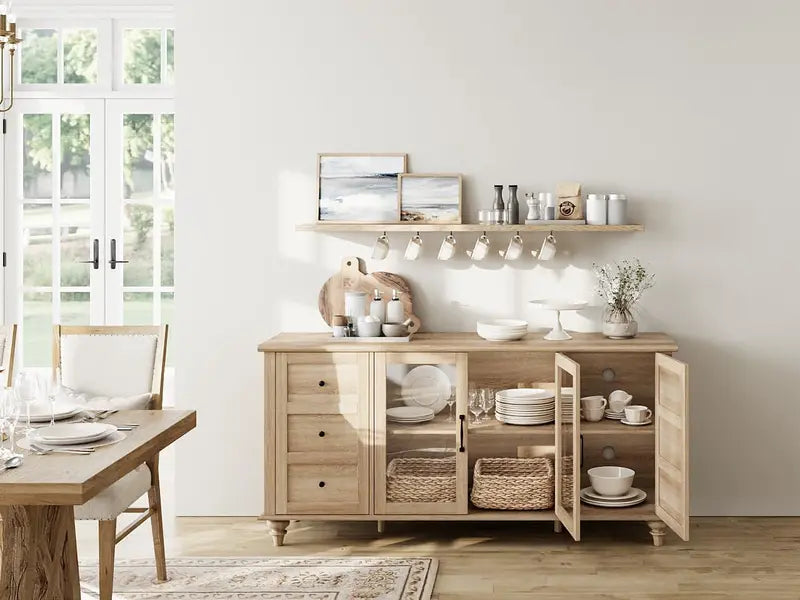 Oak-Finished Sideboard with Glass-Front Doors — Wooden Coffee Bar Cabinet for Dining or Living Room Storage