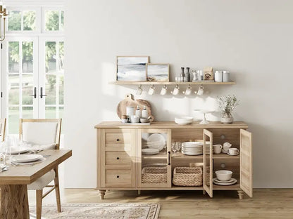 Oak-Finished Sideboard with Glass-Front Doors — Wooden Coffee Bar Cabinet for Dining or Living Room Storage