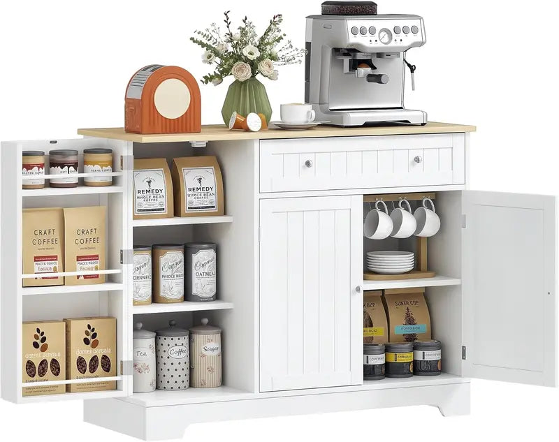 Compact Modern White Coffee Bar Cabinet — Sideboard with Drawer, Adjustable Shelves & Door Storage for Small Kitchens