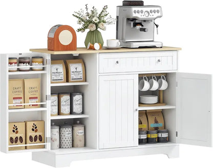 Compact Modern White Coffee Bar Cabinet — Sideboard with Drawer, Adjustable Shelves & Door Storage for Small Kitchens