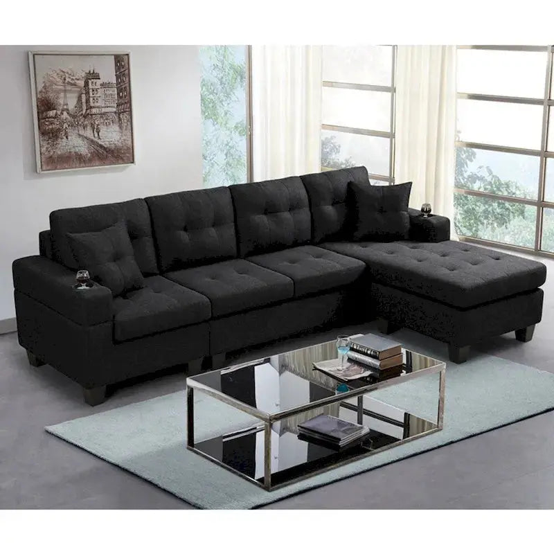 Contemporary L-Shaped Sectional Sofa with Integrated Cup Holders and Lounge Chaise