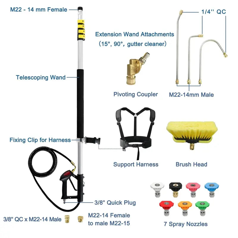 JANZ TW-004 24FT Telescoping Pressure Washer Wand, Adjustable Aluminum Extension with 7 Nozzles & Brush, 4000 PSI Compatible