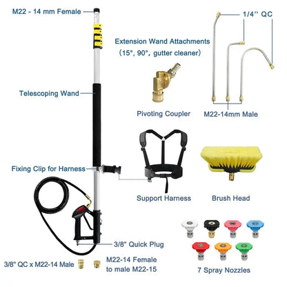 JANZ TW-004 24FT Telescoping Pressure Washer Wand, Adjustable Aluminum Extension with 7 Nozzles & Brush, 4000 PSI Compatible