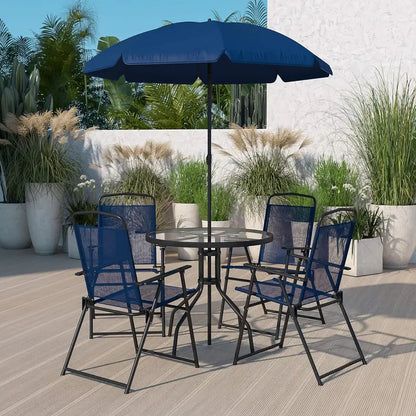 EMMA + OLIVER 6-Piece Brown Patio Set — Umbrella Table and Four Foldable Chairs