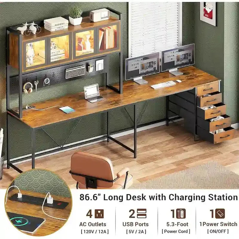 L-Shaped Gaming Desk with Pegboard Wall System, 5-Drawer Storage & Shelf Unit
