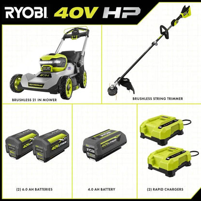 RYOBI 40V HP Brushless 21 in. Cordless Walk Behind Self-Propelled Lawn Mower & Trimmer  (3) Batteries/(2) Rapid Chargers RY401140-4X