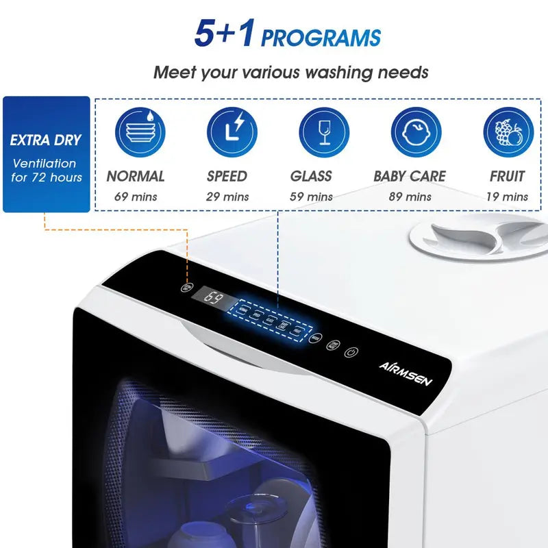5-Liter Portable Countertop Dishwasher  5 Wash Programs, Built-In Tank, Air-Dry Function