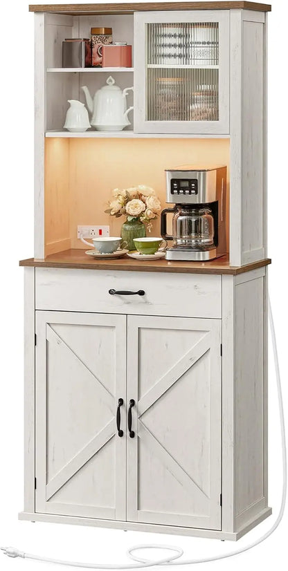 Rustic White Farmhouse Pantry Cabinet  LED-Lit Storage with Charging Port, Drawer & Adjustable Shelves