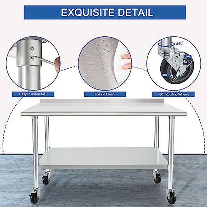 HARDURA Stainless Steel Table 24 x 48 Inches with Wheels Casters NSF