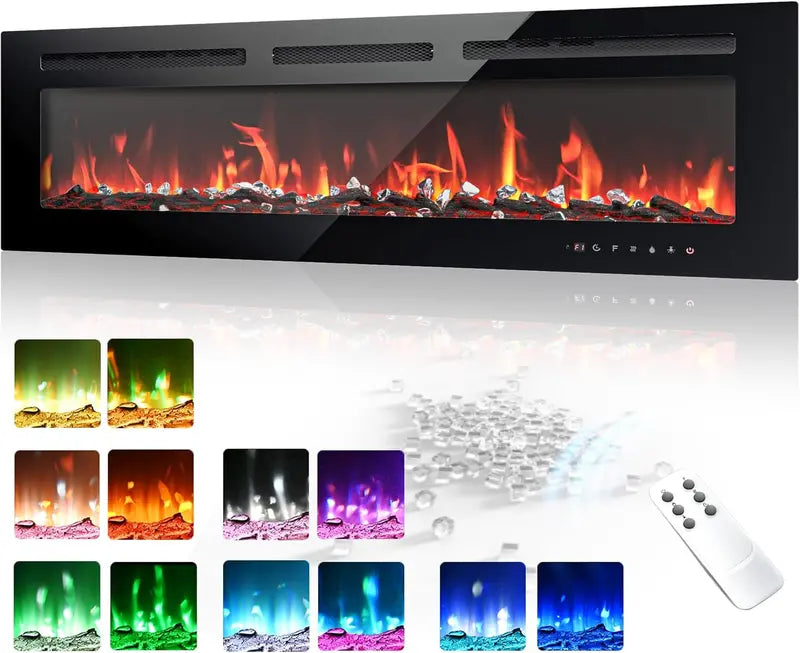 EUHOMY 50-Inch Recessed & Wall-Mounted Electric Fireplace  Adjustable Flame Color, Touchscreen, Timer & Remote, 750/1500W Linear Heater