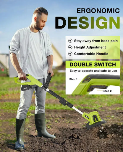 Saker 22V Cordless Garden Tiller  Lightweight 9-Inch Width Rototiller with 6.3-Inch Depth, Dual Battery Kit for Efficient Cultivation