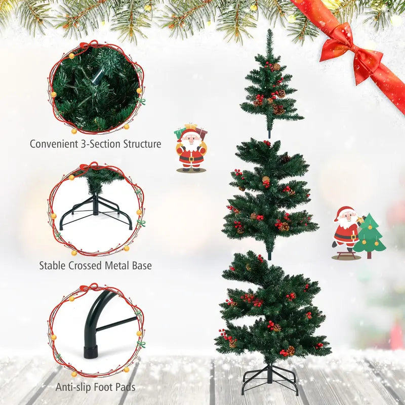 6-Foot or 7-Foot Spiral Pre-Lit Christmas Tree Featuring Pine Cones, Red Berries, and Realistic Tips