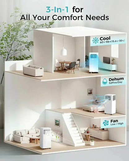 8,000 BTU 3-in-1 Portable Air Conditioner with Remote & Whisper-Quiet Operation