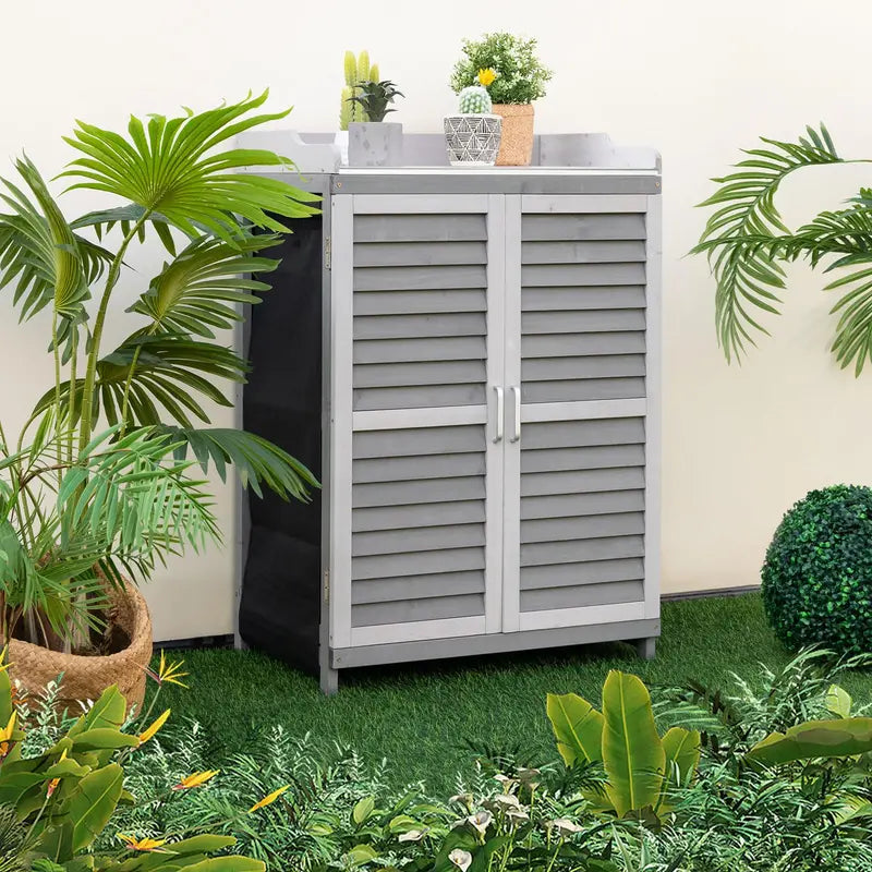 Garden Potting Bench with Metal Work Surface and Built-in Storage Cabinet
