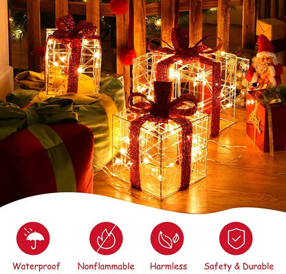 Lighted Christmas Gift Box Ornaments  Set of 3 White LED-Illuminated Decorative Boxes