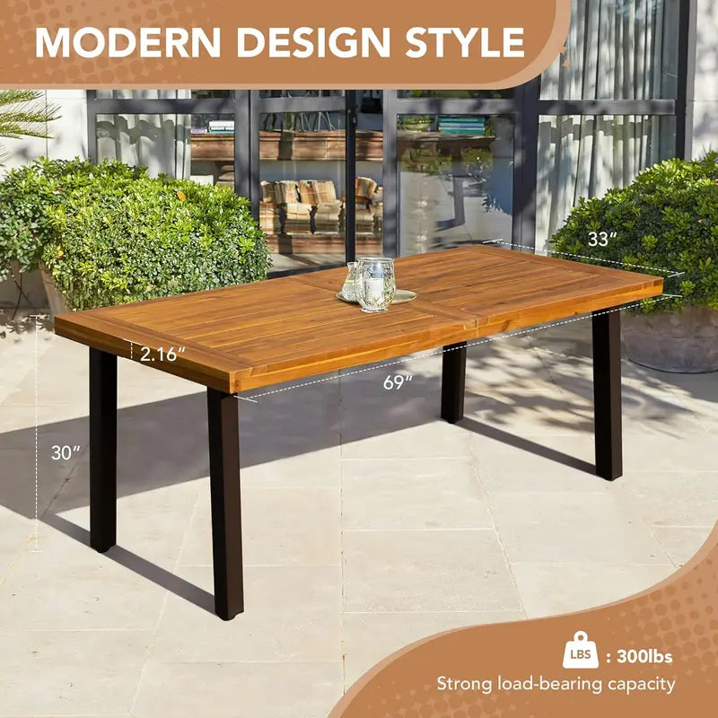 Devoko Acacia Wood Dining Table  Rustic 6-Person Indoor/Outdoor Table with Iron Legs & Sandblasted Natural Finish (69″ x 33″ x 30″)