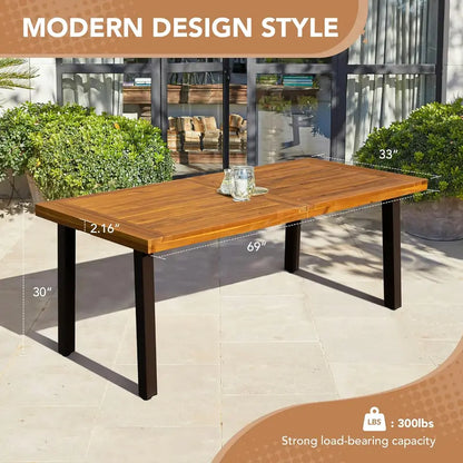 Devoko Acacia Wood Dining Table  Rustic 6-Person Indoor/Outdoor Table with Iron Legs & Sandblasted Natural Finish (69″ x 33″ x 30″)
