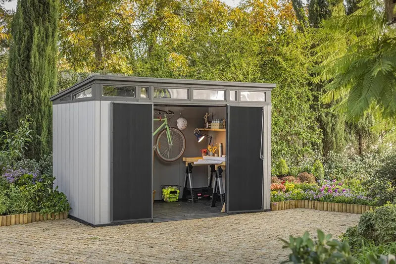 Keter Artisan 11′ x 7′ Modern Resin Storage Shed  Grey & Black, Ideal for Patio Furniture & Garden Gear