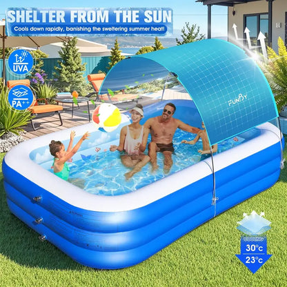 Ocean-Themed Inflatable Family Pool with Canopy  Extra-Large 105″ x 75″ x 25″, Thickened Vinyl for Kids & Adults, Backyard Swimming Pool