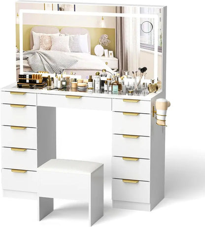 Glass-Top Vanity Desk with Lighted Mirror  11-Drawer Makeup Station, Silent Slides, 3 Lighting Modes & USB Charging Port