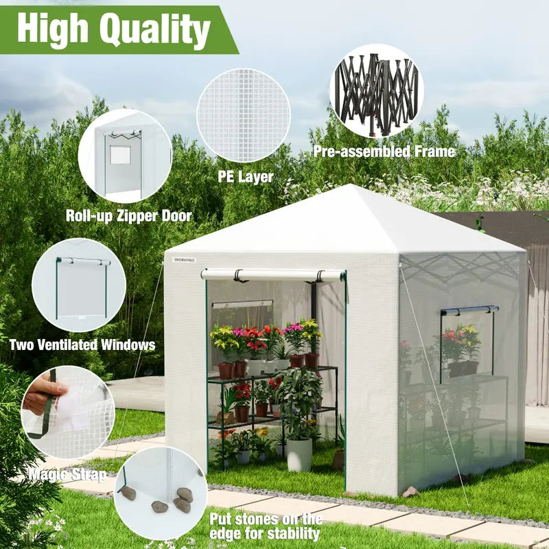WORKPRO 8′ × 8′ Walk-In Portable Greenhouse  UV-Protected Polycarbonate Frame