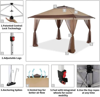 CROWN SHADES 13’×13′ Pop-Up Gazebo  Instant-Setup Outdoor Canopy with Wheeled STO-N-Go Carry Bag, White Portable Shade Structure