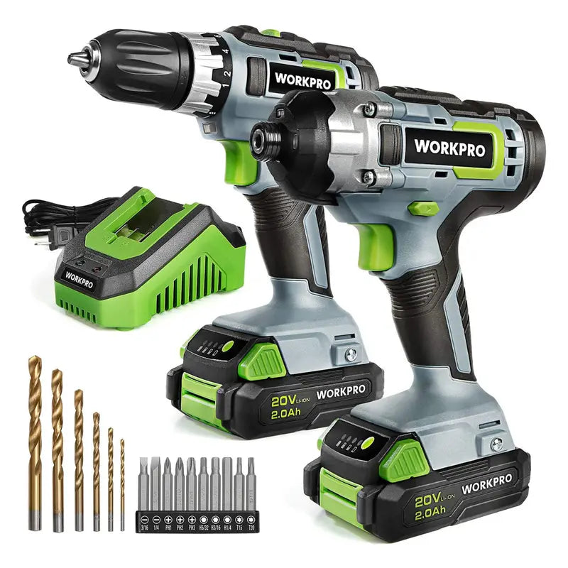 WORKPRO 20V 2-in-1 Combo Kit: Cordless Drill Driver + Impact Driver with Dual 2.0Ah Batteries & Fast Charger