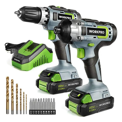 WORKPRO 20V 2-in-1 Combo Kit: Cordless Drill Driver + Impact Driver with Dual 2.0Ah Batteries & Fast Charger