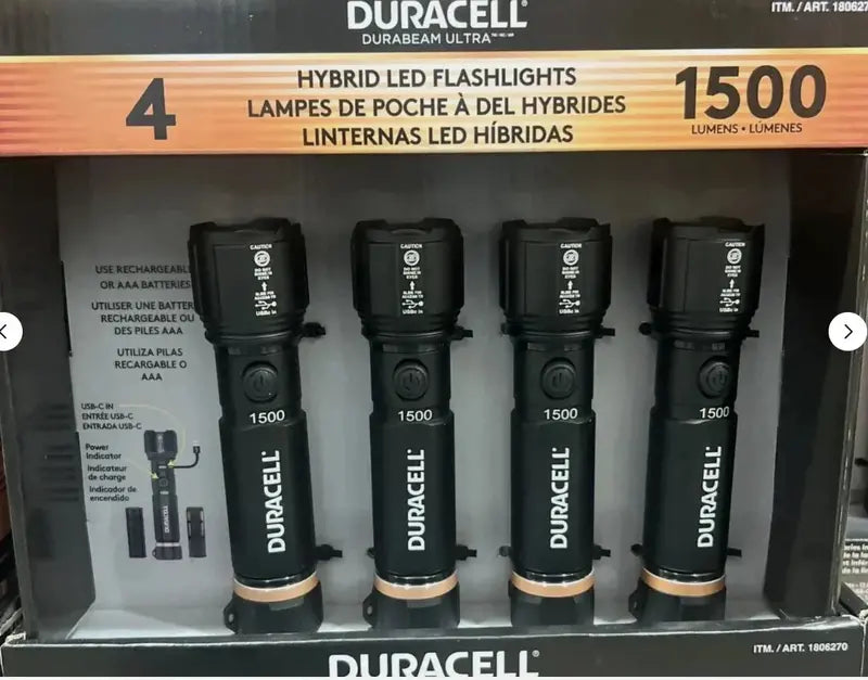 Duracell Hybrid LED Flashlight  1500-Lumen Rechargeable Light, 4-Pack with USB Charging