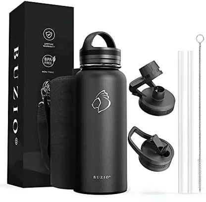 BUZIO 64oz Vacuum Insulated Stainless Steel Water Bottle with Straw & Spout Lids, Leak-Proof, Keeps Drinks Cold 48H/Hot 24H