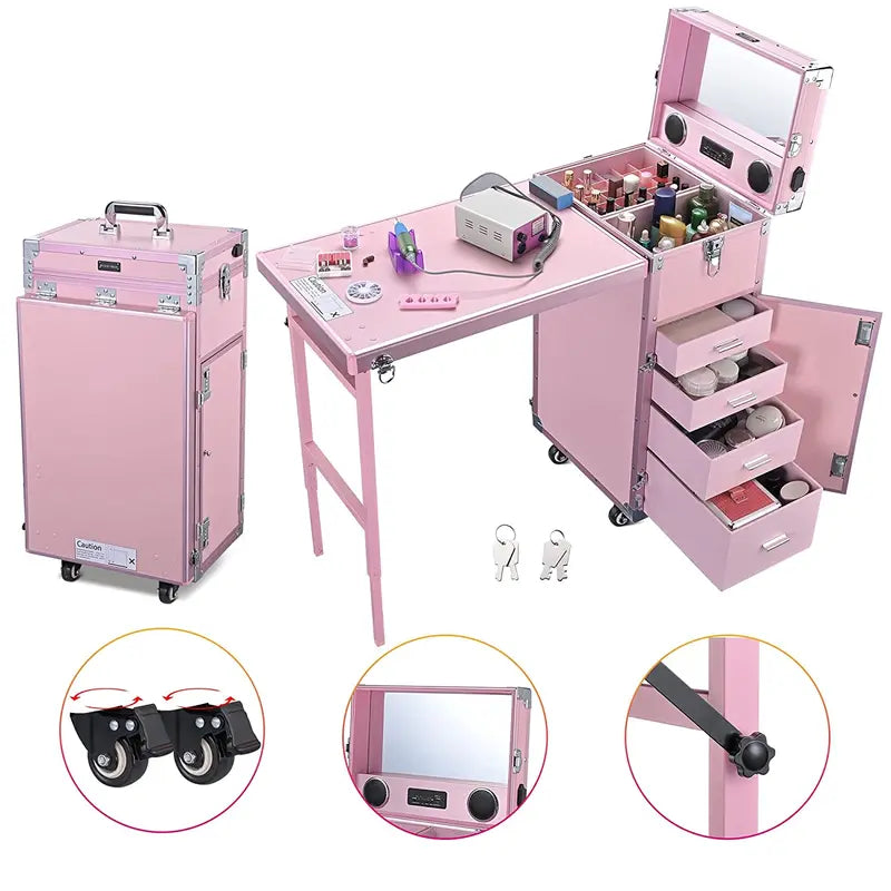 Byootique Portable Nail & Makeup Station  Pink Desk with Mirror, 4 Drawers, Bluetooth, USB Ports