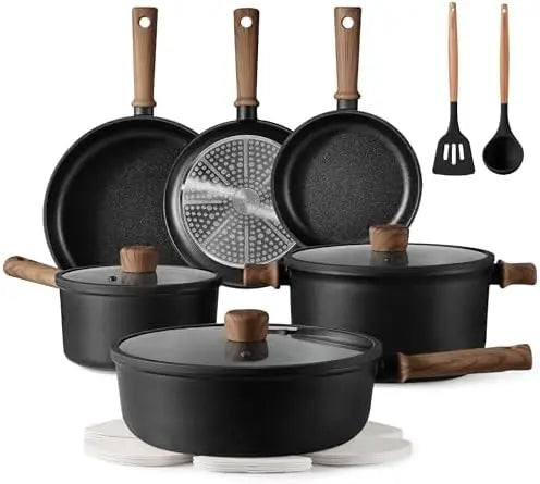 CAROTE 16pc Non-Stick Pots & Pans Set with Stay-Cool Handle  Black Induction Cookware