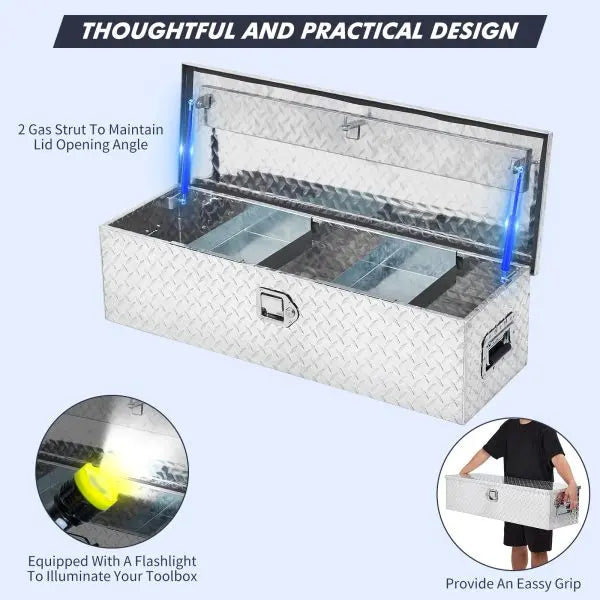 48-Inch Diamond-Plate Aluminum Truck Bed Toolbox with Internal Shelf  Silver Finish