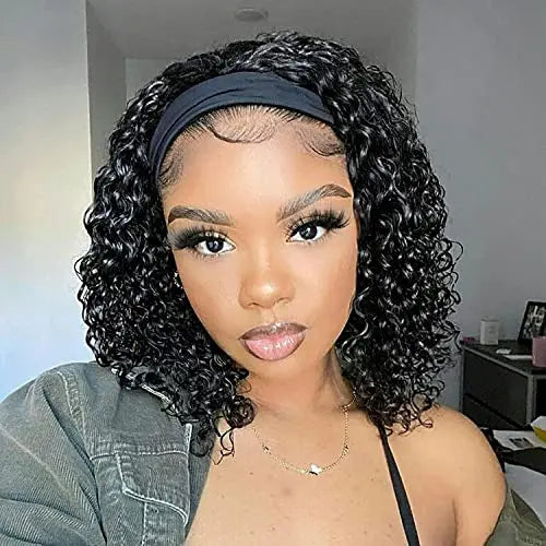 Aiterina 12″ Deep Wave Curly Human Hair Headband Wig  Glueless, Machine-Made, Natural Color