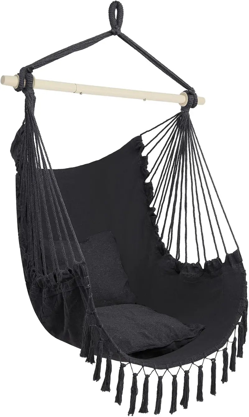 ONCLOUD Macramé Hammock Chair with Steel Spreader Bar  Indoor/Outdoor Hanging Swing Seat, 550 LB Capacity, Dual Cushions (Black)