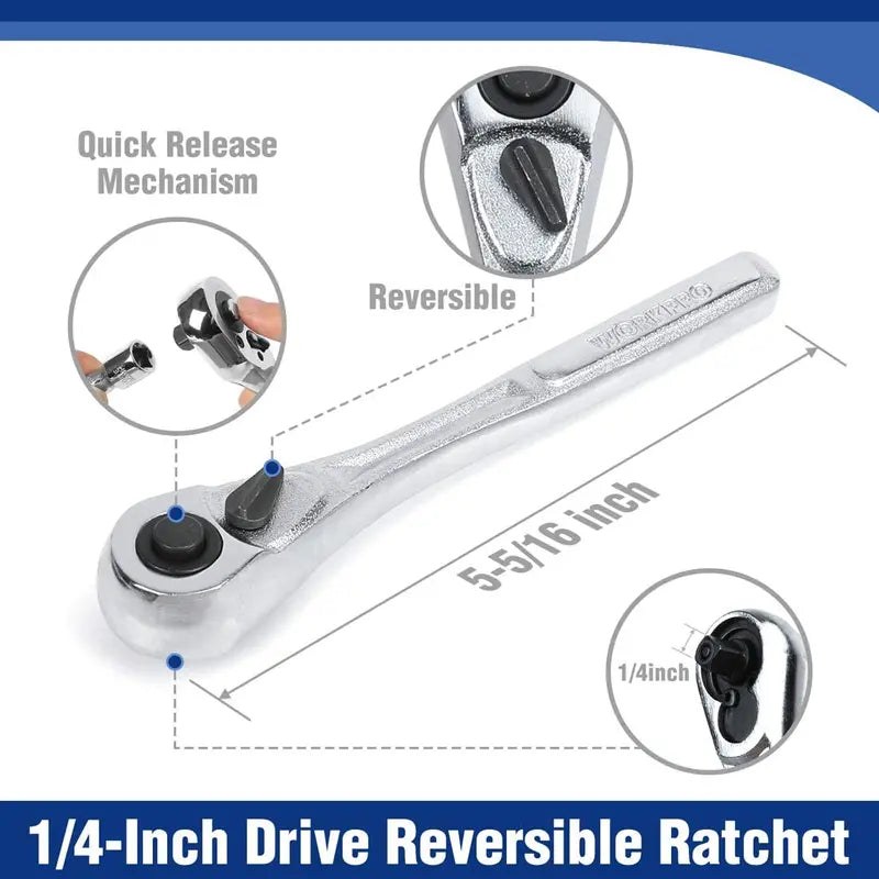 WORKPRO 70-Piece 1/4″ Drive Socket Set  Metric and SAE Sockets with Quick-Release Ratchet