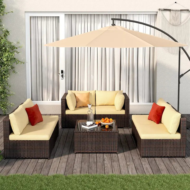 7-Piece Grey PE Rattan Patio Sectional Sofa Set with Cushions & Tempered Glass Table