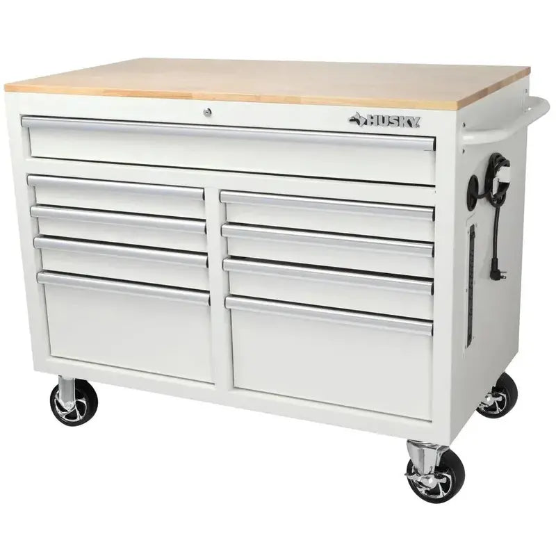 High-Gloss Black Mobile Workbench with 9 Drawers, Hardwood Work Surface, and Built-in Power Outlet