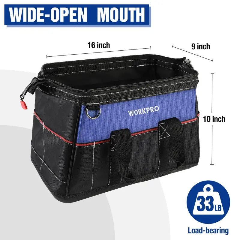 WORKPRO 16-Inch Heavy-Duty Wide-Mouth Tool Bag  Waterproof Molded Base & Adjustable Shoulder Strap